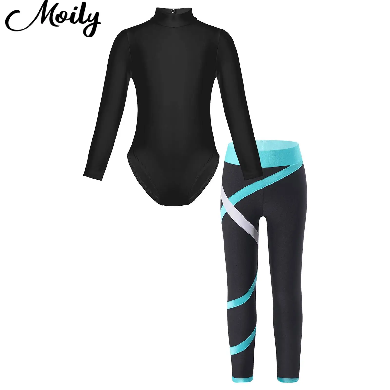 

Kids Girls Sport Dance Set Long Sleeve Mock Neck Leotard with Colorblock Leggings for Dance Gymnastics Skating Stage Performance