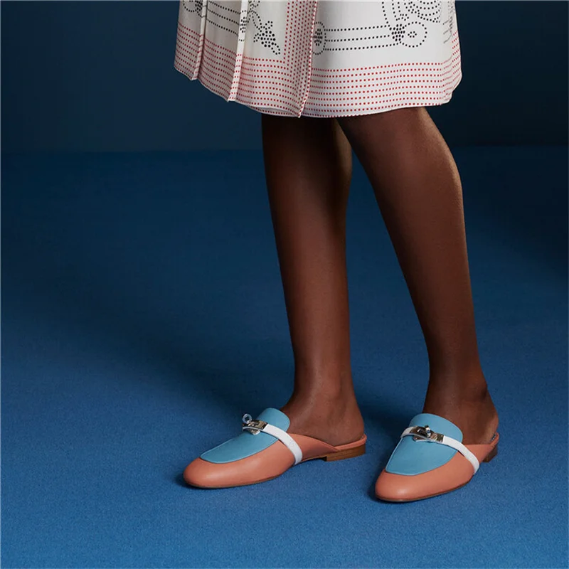 

2022 New Half Slippers Women's Summer Outer Wear Flat Bottom Temperament Leather British Muller Shoes