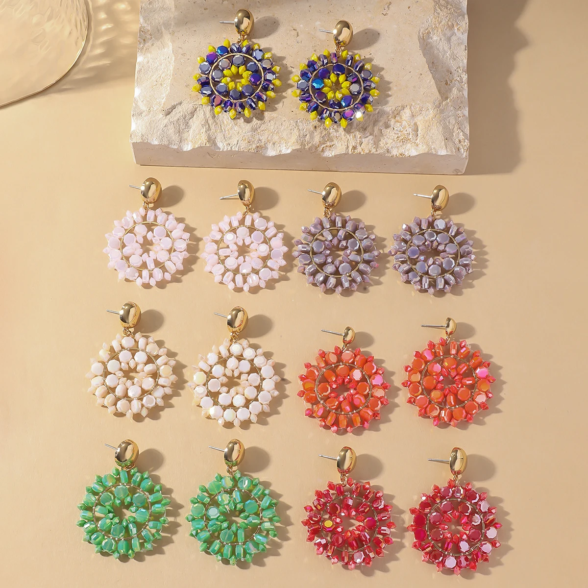 Trendy Multicolor Seed Beaded Drop Earrings for Women Girls Bohemain Style Flower Crystal Beads Dangle Earrings Party Jewelry