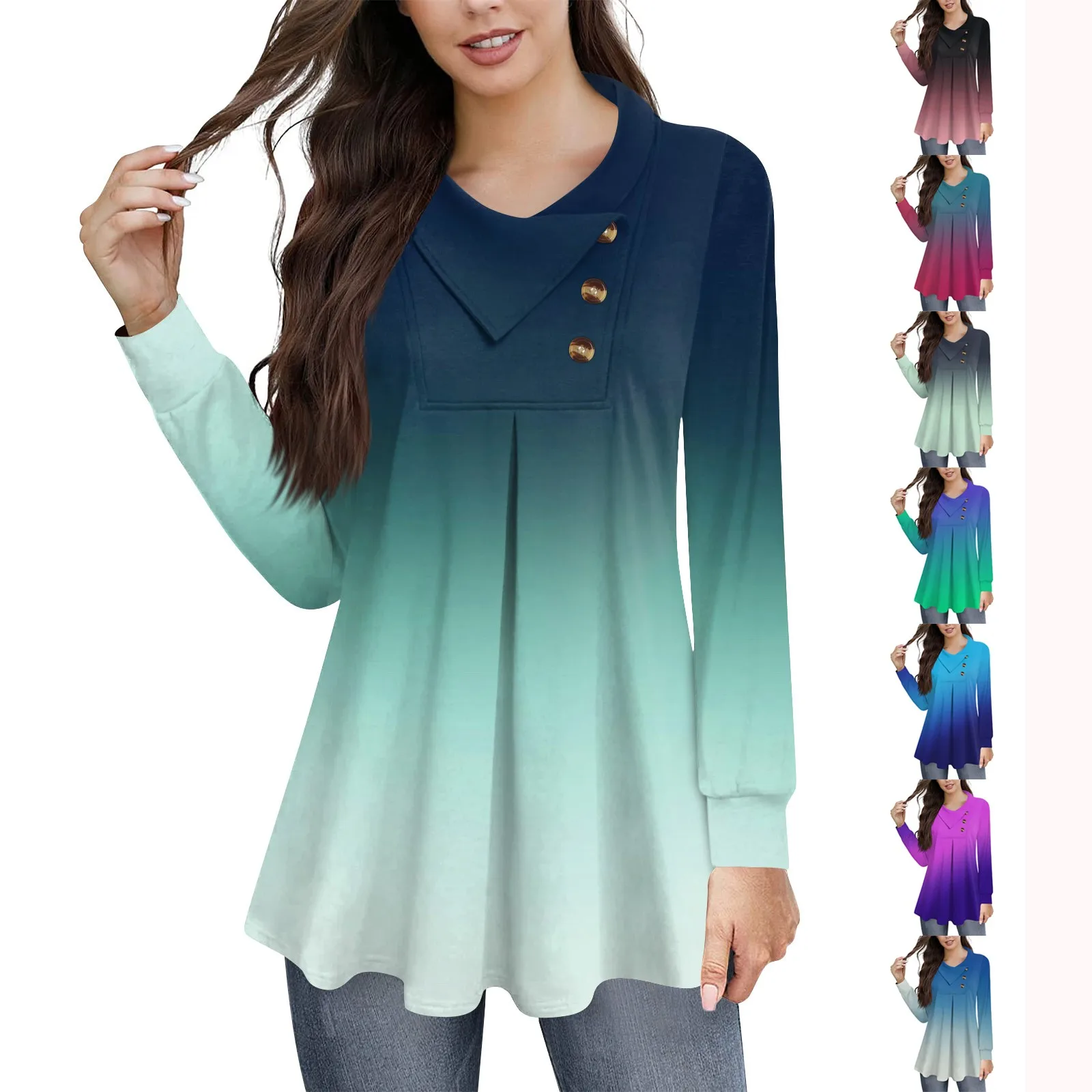 

Женская Повседневная Свободная рубашка с градиентным принтом, пуловер с воротником на пуговицах и длинным рукавом, простая Молодежная элегантная рубашка с принтом, топ женский