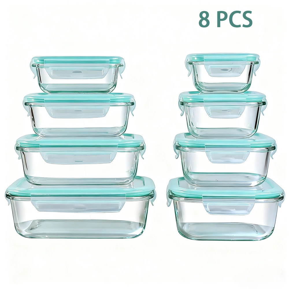 8pc Glass Food Storage Containers Airtight Lunch Box Set Microwave Oven Safe