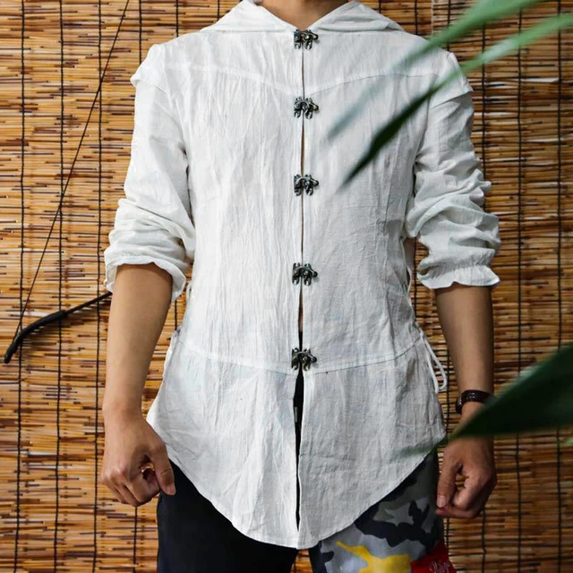 Men Fashionable Cotton And Linen Shirt Solid Color Ethnic Mental