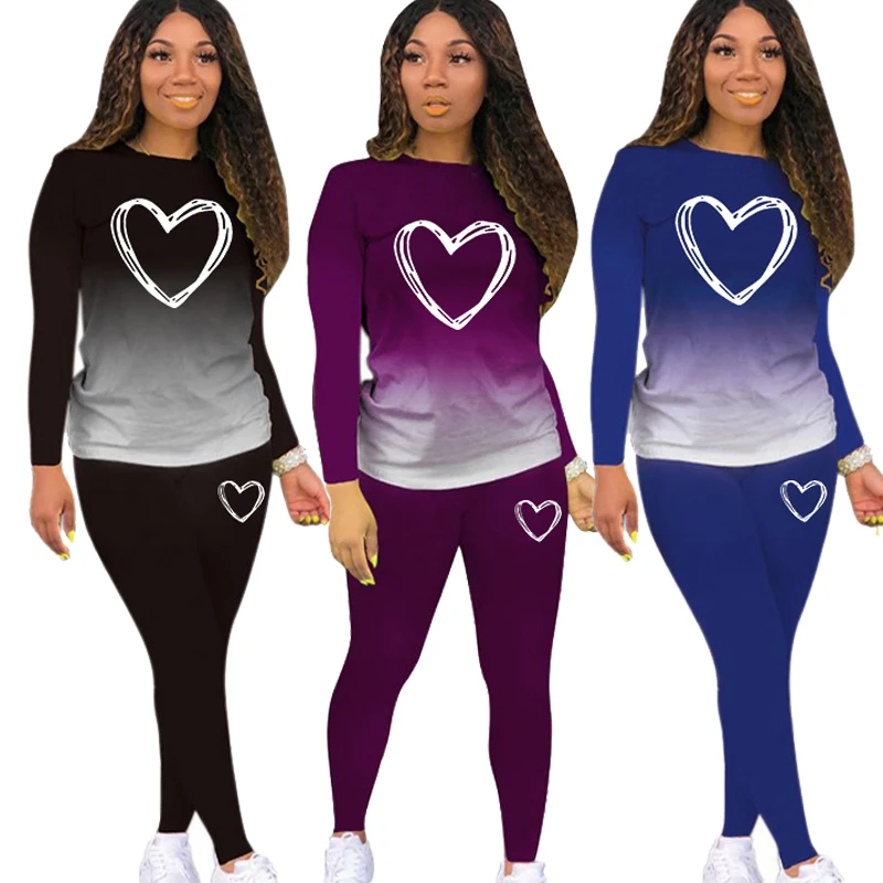 

New Women's Fashion Heart Print Leisure Long Sleeve Women's Sportswear Top And Trousers Long Pants Jogging Suit
