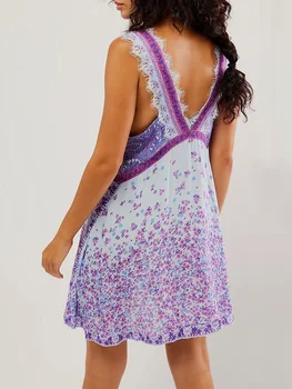 Women’s Sleeveless Lace Trim Dress Eyelash Deep V-Neck Floral Print Backless Mini Dress 5