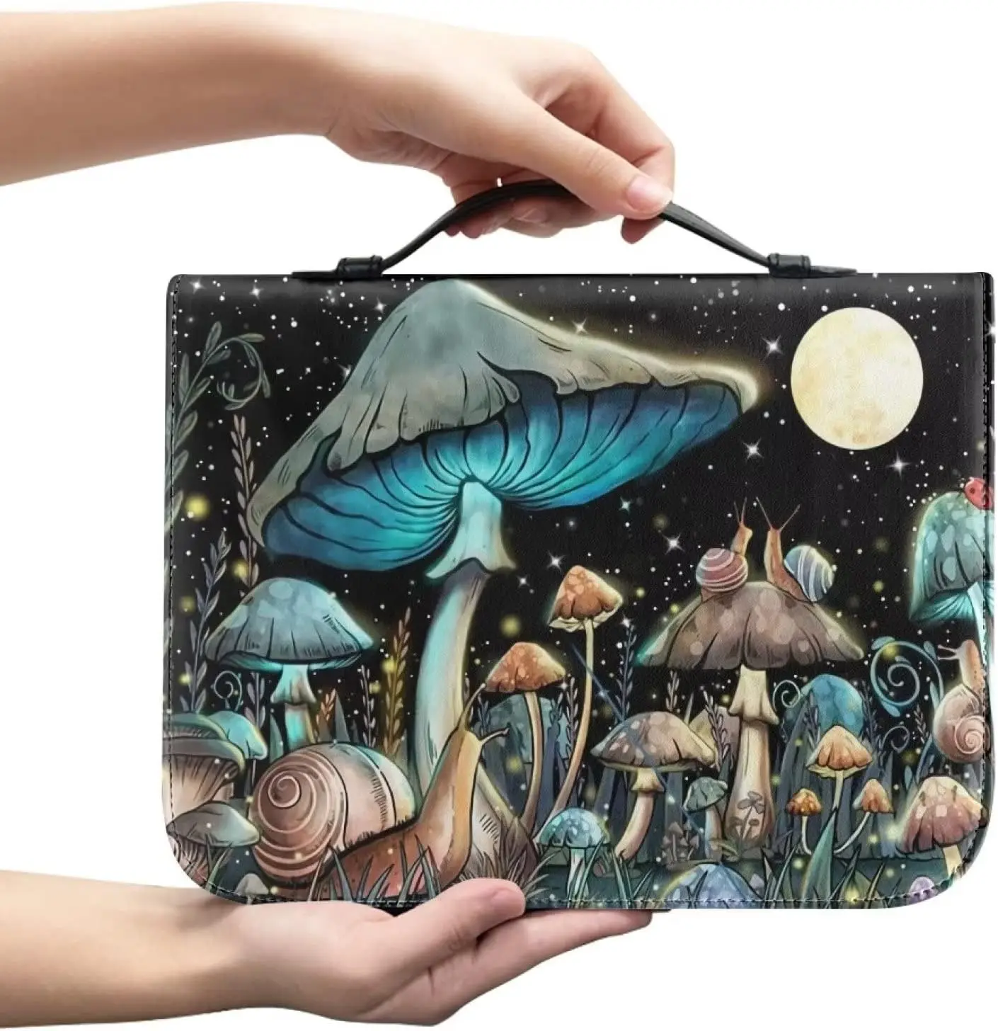 Fashion Night Mushroom Print Bible Verse Bible Cover Carry Bag Protective Leather Bible Storage Bag with Zipper for Women Men