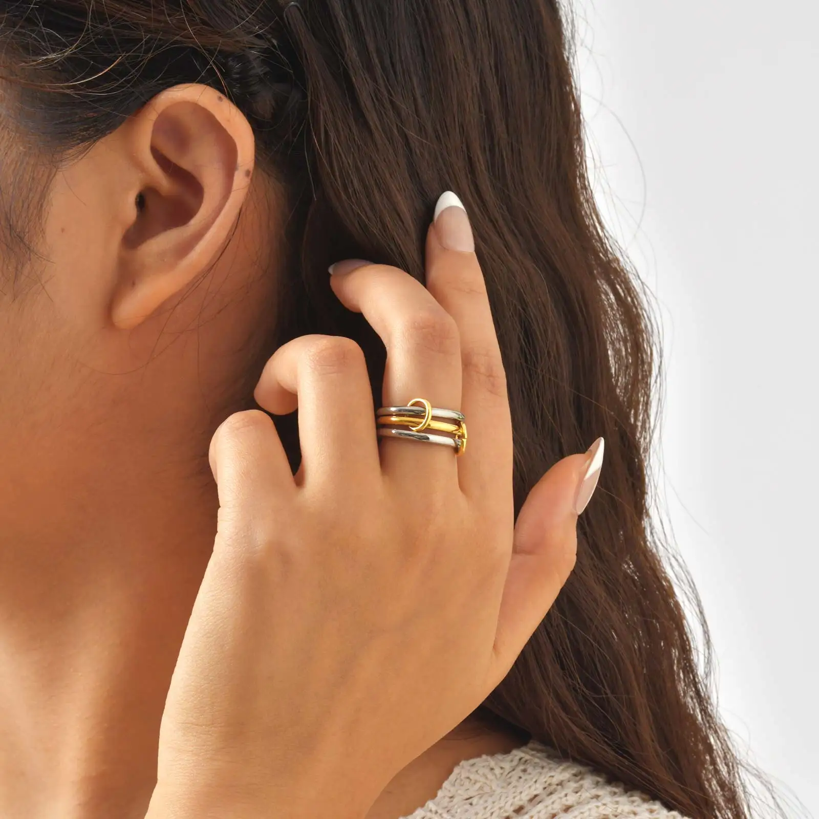 vnox Multilayer Connecting Rings Set stainless steel Mixed color simple round ring Jewelry gifts