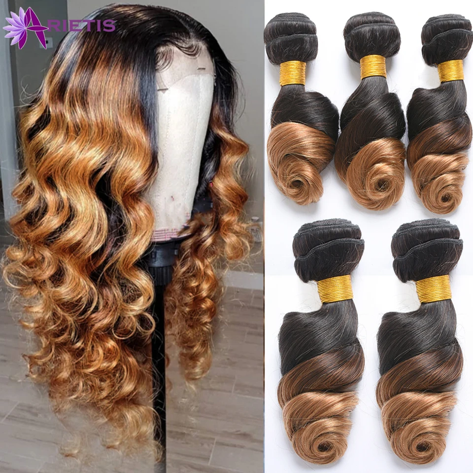 15A Ombre Hair Bundles Brazilian Loose Wave T1B/4/27 Color Human Hair Bundles 100g/Piece Double Weft Remy Extensions