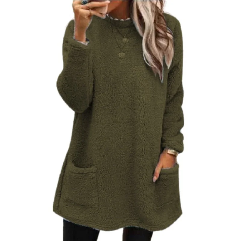Autumn Winter O Neck Pullover Plush Hoodie Women Daily Commuter Casual Double Pockets Splice Hem Sweatshirt Female Long Warm Top 5