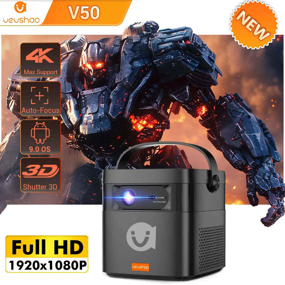 VEVSHAO V50 Projector, Portable 4K 3D WiFi Full HD 1080P with Built in 2×10W Speakers Home Theater Projector with 15000mAh Battery