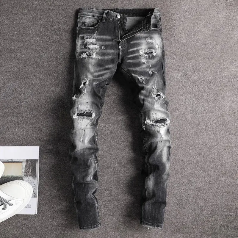 Streetwear Fashion Men Jeans Retro Black Gray Stretch Slim Fit Hole Ripped Jeans Men Patched Designer Hip Hop Brand Pants Hombre