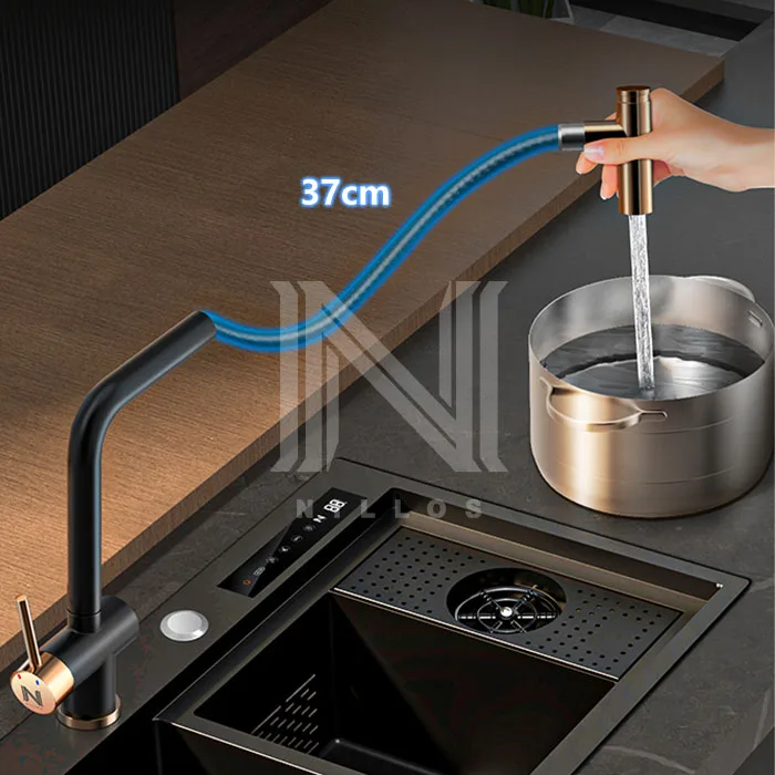 8448 Digital Display Touchscreen Pull Out Fregadero Double Bowl Stainless Steel Smart Waterfall Kitchen Sink With Dishwasher 6