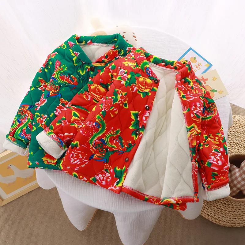 Children clothing Northeast big flower coat thickened winter ethnic style boys girls three-layer velvet jacket