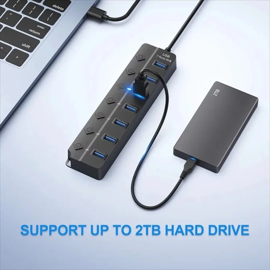 High-Speed 7-Port USB3.0 Hub with Individual Switches and LED Indicators