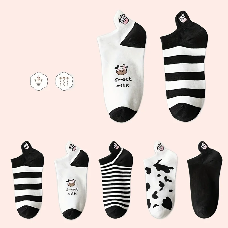 

5/10 Pairs High Quality Womens Boat Socks Low Cut Fashion Cotton Sock Lovely Cow Pattern Short Socks Creative Printing Socks