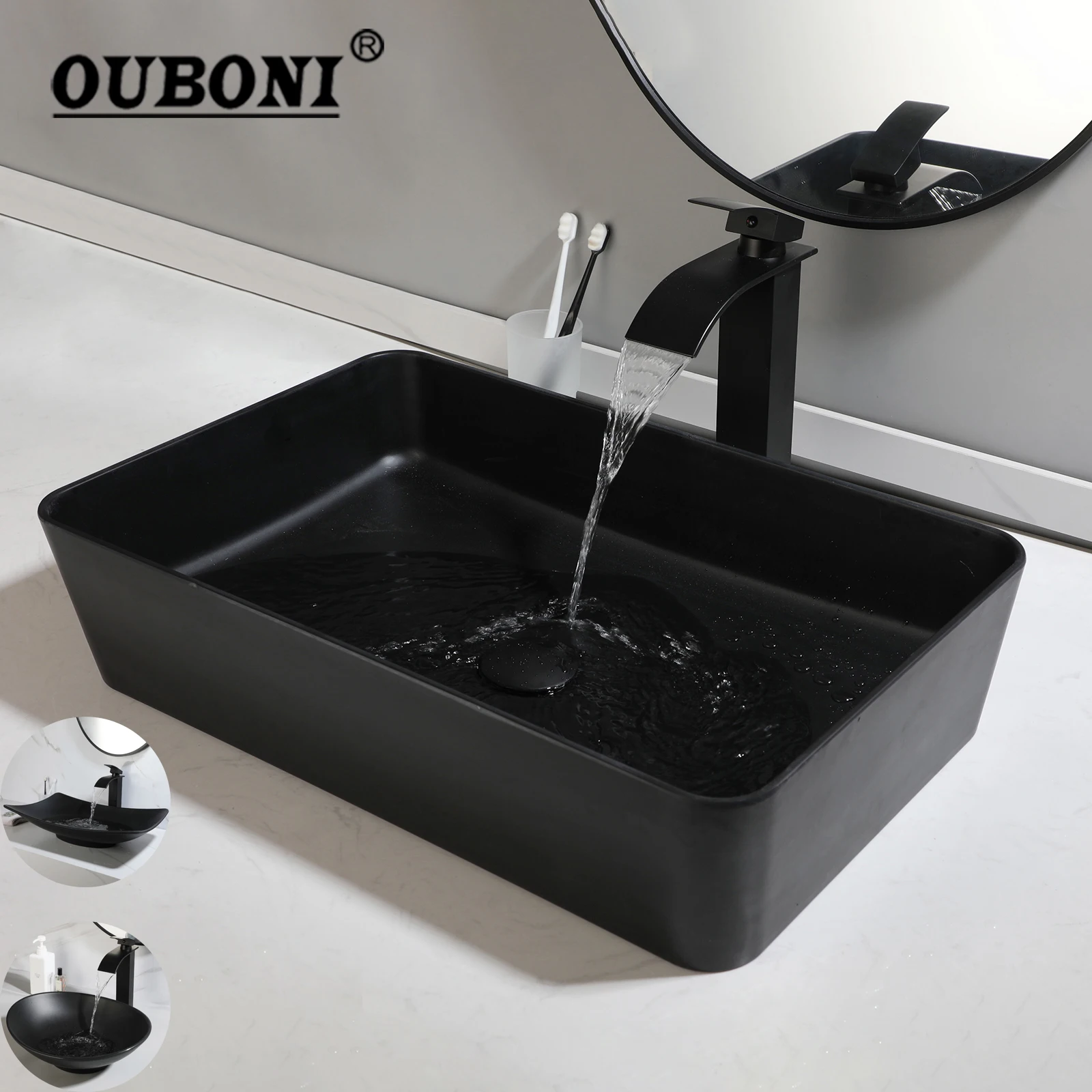OUBONI Matte สีดําห้องน้ําอ่างล้างจานก๊อกน้ําชุดเรซิ่นโมเดิร์นอ่างล้างหน้าทองเหลืองแตะ Pop Up ท่อระบายน้ําราคาไม่แพงอุปกรณ์ห้องน้ํา 1