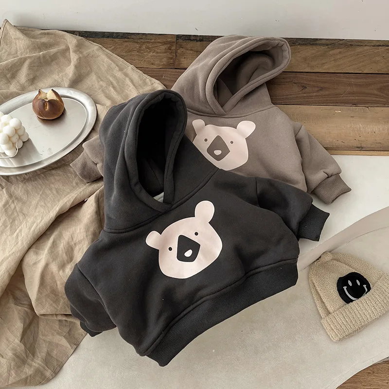 2024 Winter New Baby Fleece Hooded Sweatshirt Cotton Infant Casual Pullover Plus Velvet Thick Toddler Cartoon Bear Warm Hoodie