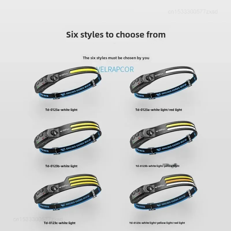 LED Flashlight SMILING SHARK COB Headlamp Powerful Induction LED Sensor Head Torch USB Charging Battery Flashlight Fishing Outdoor Riding