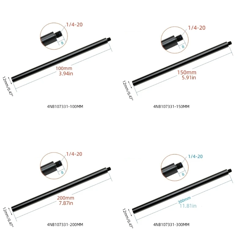 Aluminum Extension Rod 1/4" Female Bottom 1/4" Male Top Poles Tripods Extend Length for Photography Equipment