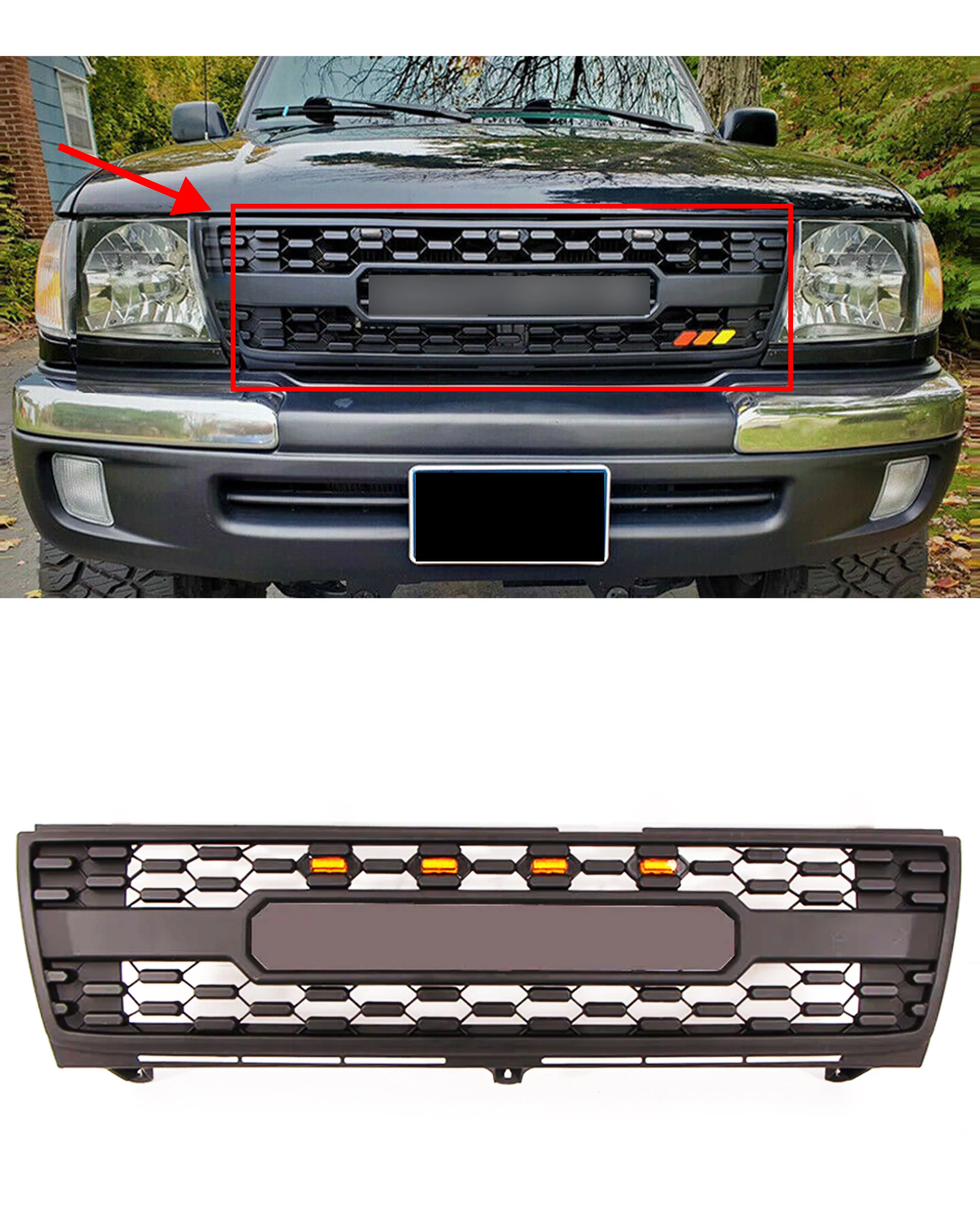 

Front Grille For 1997-2000 Toyota Tacoma Front Bumper Grille Guard Grille Cover Matte black With 4 LED lights