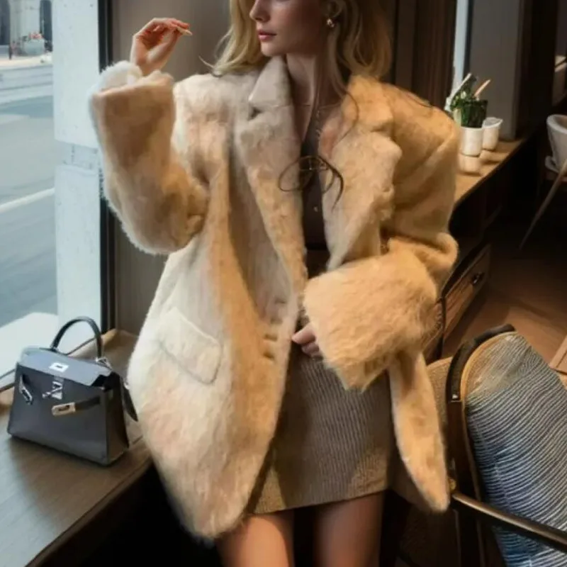 Streetwear Long Hairy Shaggy Blazer Boyfriend Vintage Women Front Pockets Loose Oversized Suit Fashion Coat Pink 4 colors