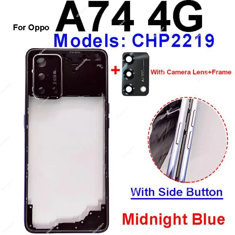 OPPO A74 4G A74 5G 용 중간 하우징 NFC 측면 버튼 카메라 렌즈 프레임 부품이있는 중간 프레임 베젤 커버