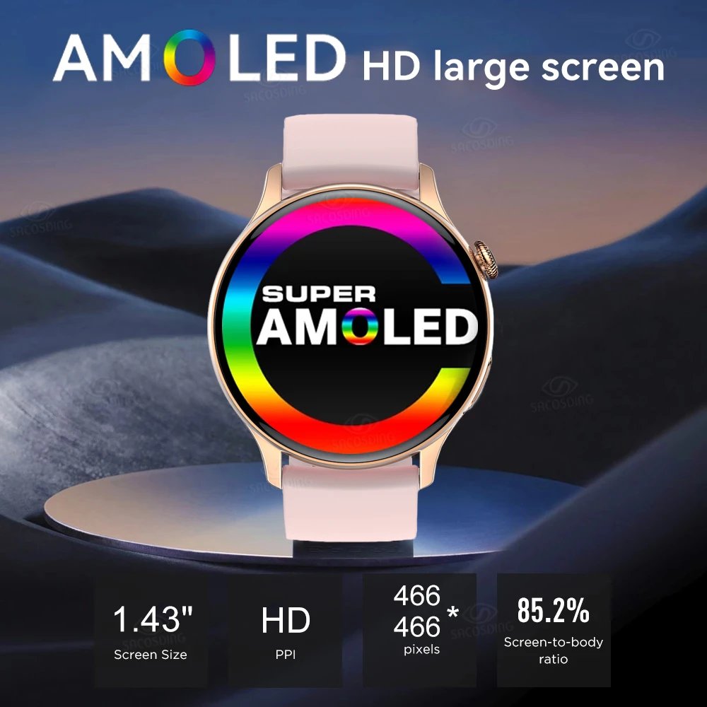 SACOSDING Smartwatch  466*466 AMOLED 1.43 &HD ȭ ׻ ÷ ð  ȭ IP68   Ʈ ġ