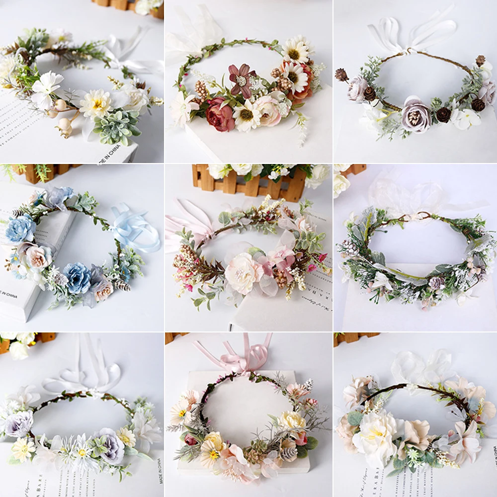 Simulation Wreath Flower Garland Hairband Ribbon Noiva Decor Headband Wedding Parties Bridal Hair Decor Flower Hairband Wreaths new bride holding flower classic style small fresh simulation flower bundle wedding buque de noiva para casamento