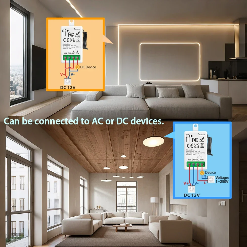 범용 차고 문짝 리모컨 무선 스위치, LED 조명 문짝 전자기 잠금용 미니 리시버, DC12V, 1CH, 10A, 433MHz