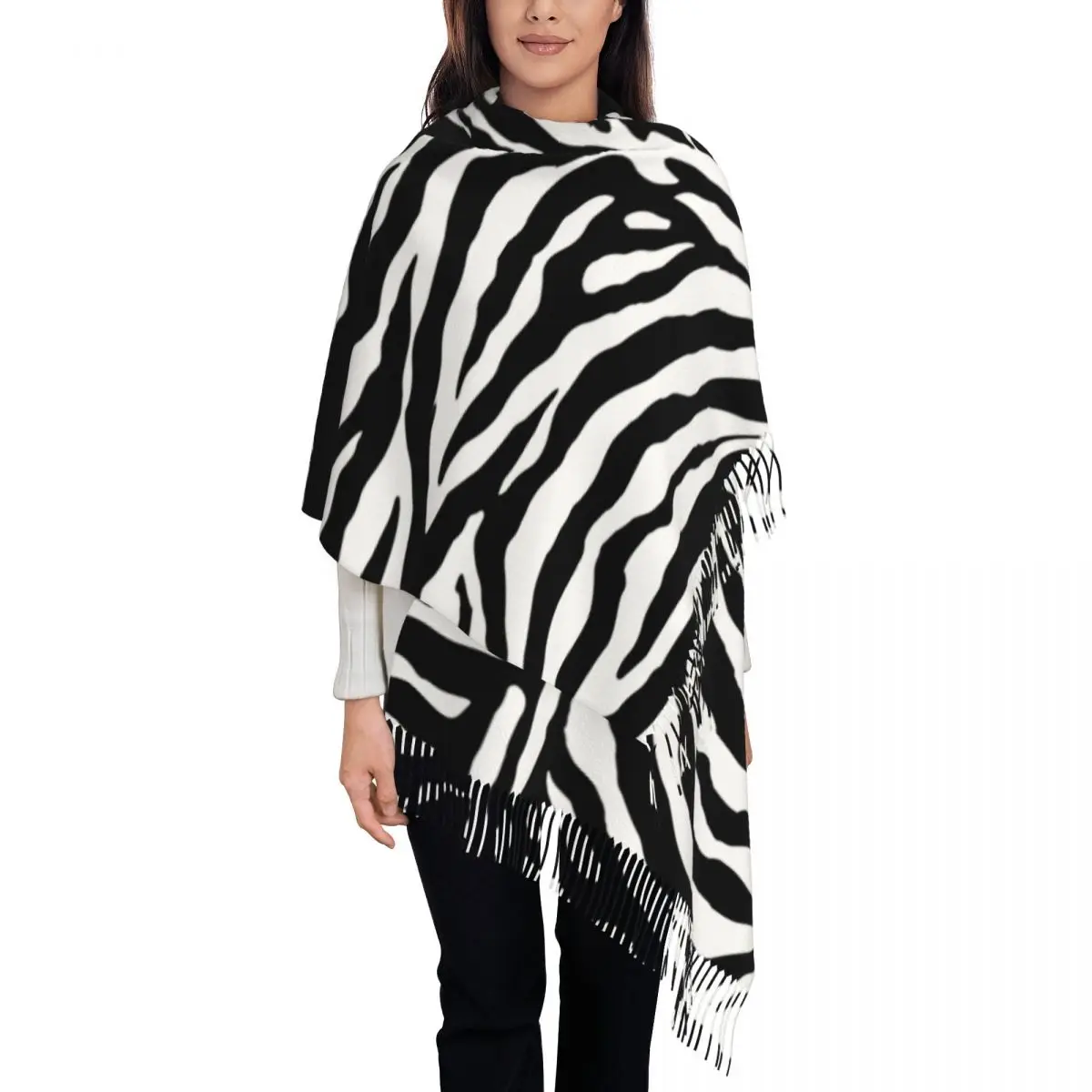 

Black White Zebra Print Scarf for Women Winter Warm Cashmere Shawl Wrap Animal Geometry Stripes Whirlpool Long Large Shawl Scarf