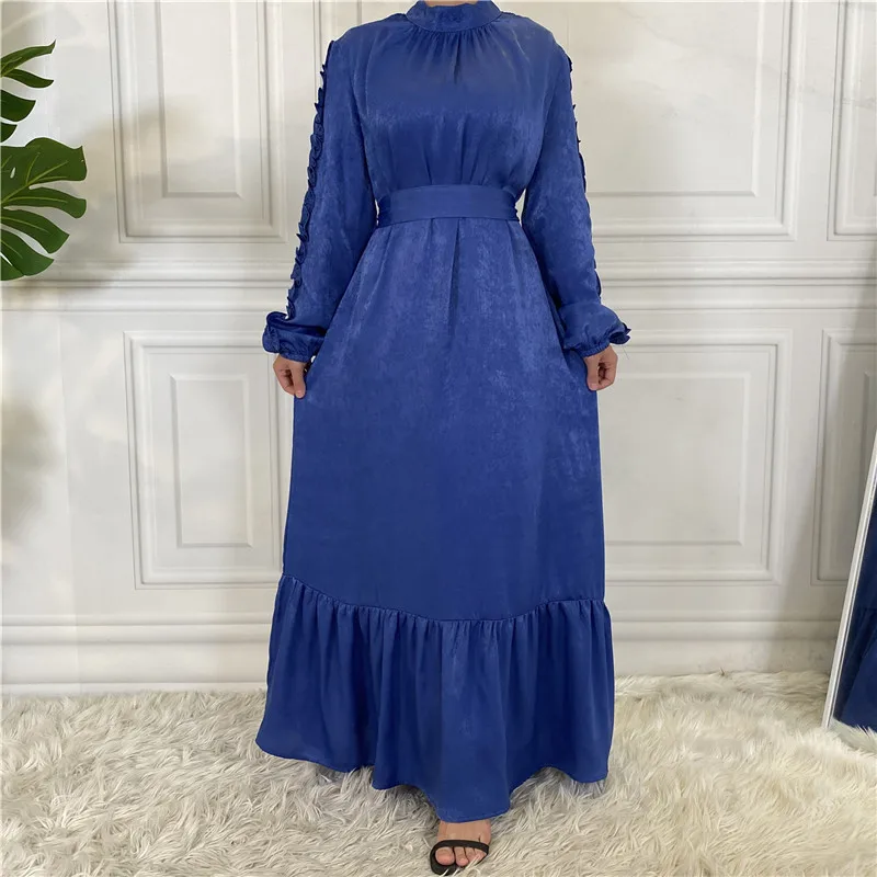 

Elegant Women Satin Long Dress Muslim Islamic Clothing Arabic Abaya Party Gown Long Sleeve Ruffle Maxi Robe Middle East Ramadan