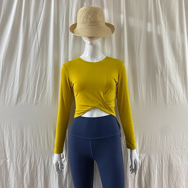 

QUMOR Autumn Winter New Pilates Short Sports Top Cross Hem Long Sleeve Tight Breathable Quick-Drying Women's Fitness Yoga Top