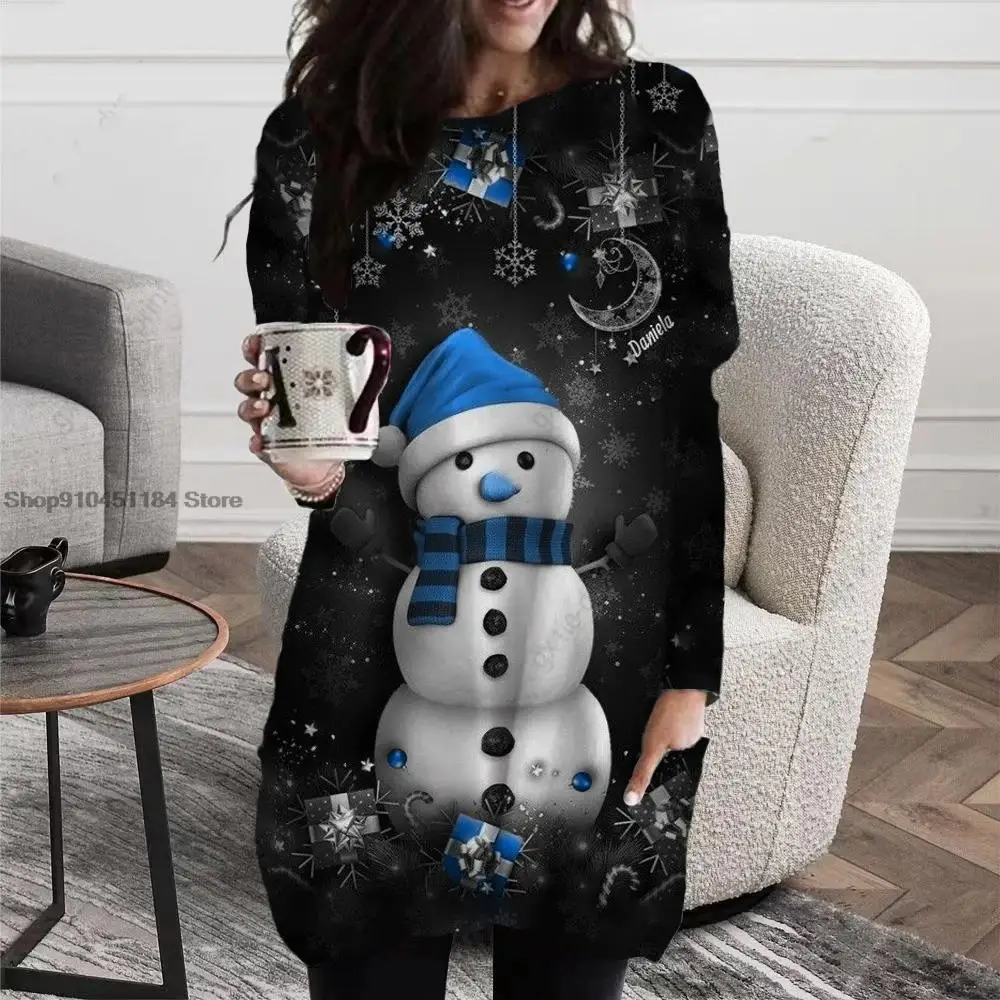 

Christmas Women Long Sleeves T-Shirt Cartoon Elk Round Neck Pocket Dresses Autumn Winter Casual Loose Women Oversized Pullover