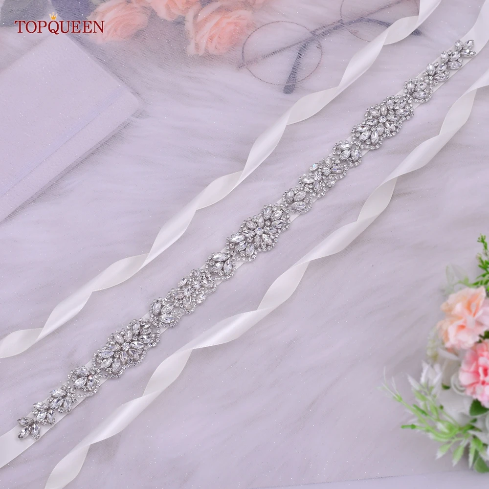TOPQUEEN S75 Braut Hochzeit Kleid Gürtel Silber Strass Kristall Elegante Luxus Handgemachte Perlen Brautjungfer Frauen Kleider Gürtel – Detail 5