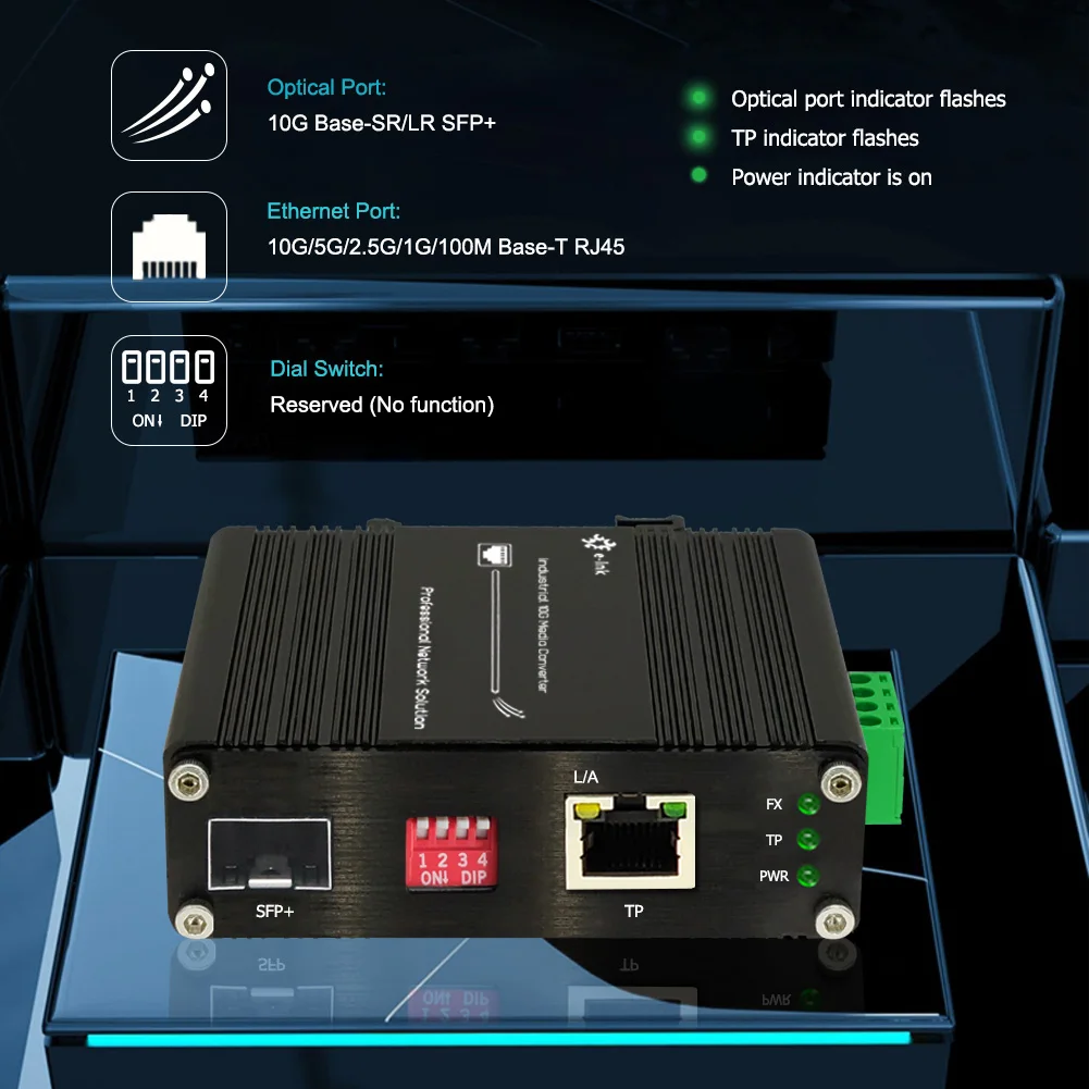 Industrial 10G Media Converter 10GBase-X SFP+ to 10G/5G/2.5G/1G/100M Base-T Fiber Media Converter DIN Aluminum Case