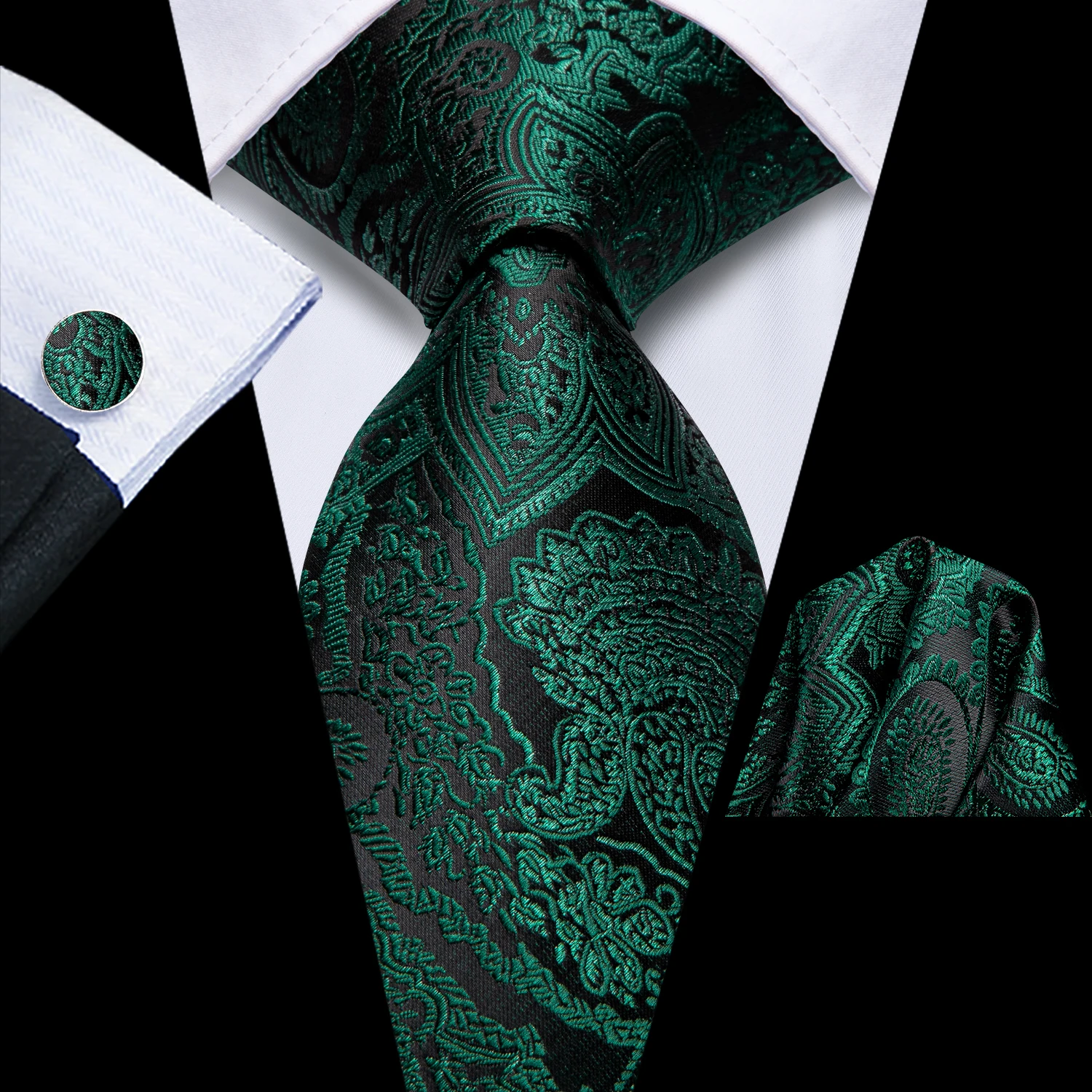 

Hi-Tie Designer Paisley Black Green Elegant Tie for Men Fashion Brand Wedding Party Necktie Handky Cufflink Wholesale Business