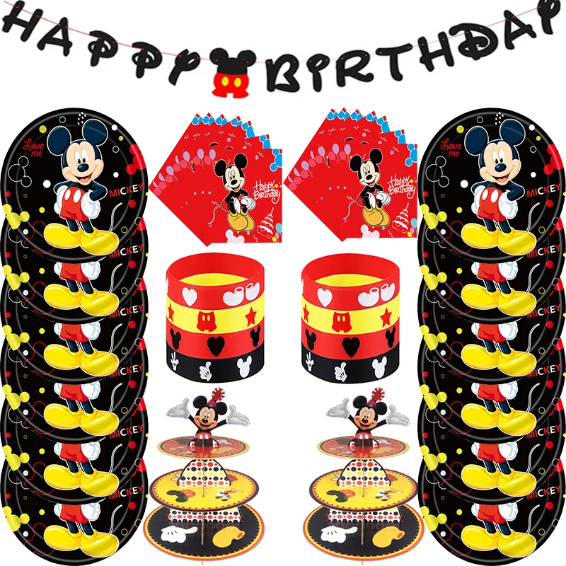 Disney new kids Mickey cartoon theme disposable paper plate, paper towel table, bra flag, knife, fork, spoon party decoration