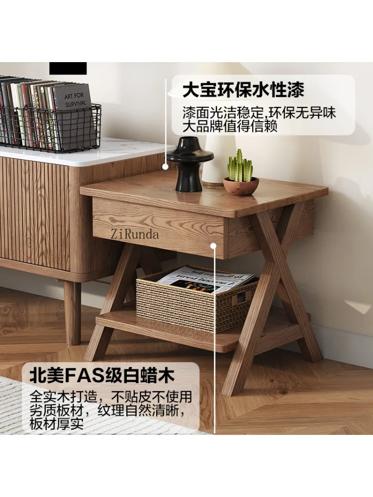 Nordic all-solid wood bedside table, small apartment sofa side floor storage multi-functional locker