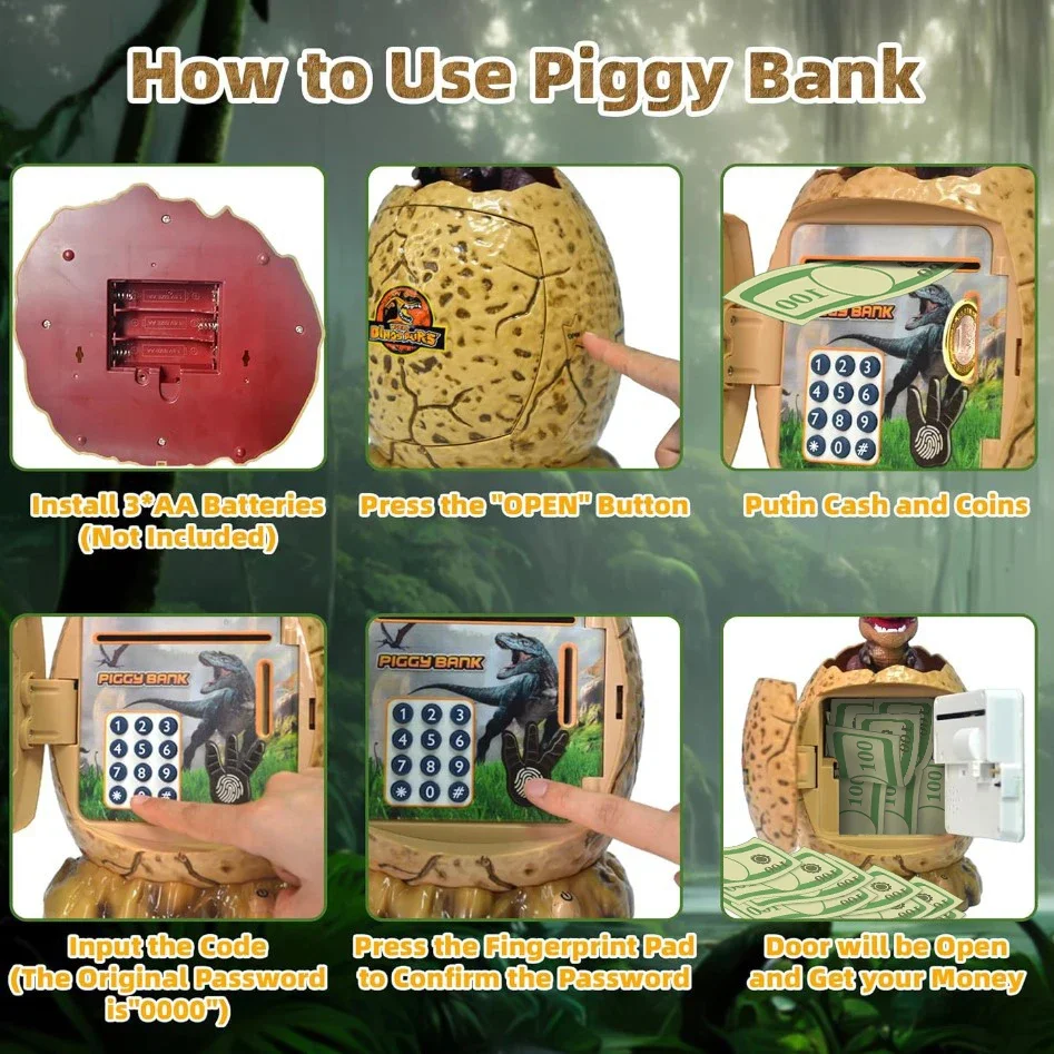 Dinosaur Egg Piggy Bank Money Box Fingerprint Password with Music Light Electronic ATM Cash Coin Box Play House Toys for Kids 6
