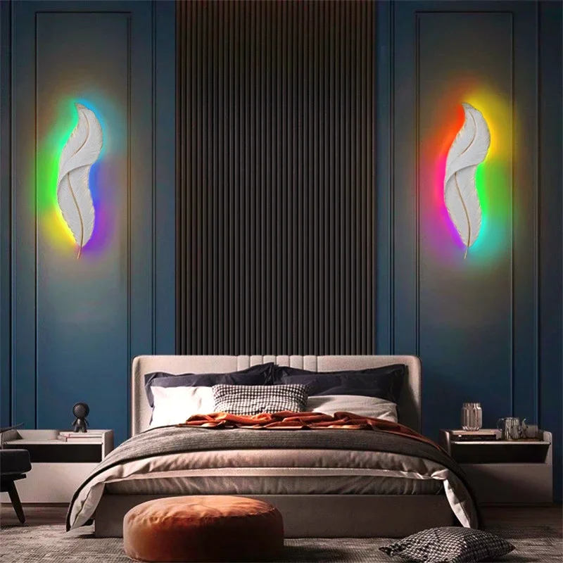

Настенная лампа в виде пера в скандинавском стиле, светодиодный светильник RGB для спальни, прикроватной тумбочки, лестницы, настенное украшение для гостиной, декор для ванной комнаты
