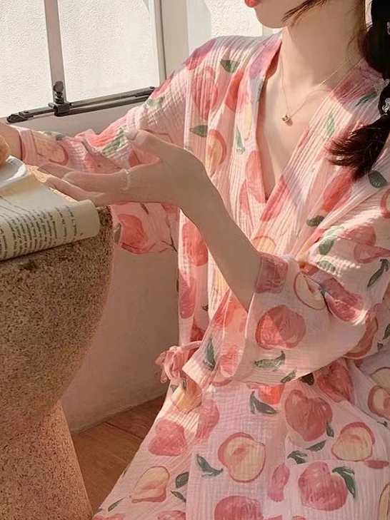 일본식 여름 여성 수면 가운 코튼 거즈 긴팔 V넥 중간 길이 드레스 캐주얼 홈웨어 나이트가운