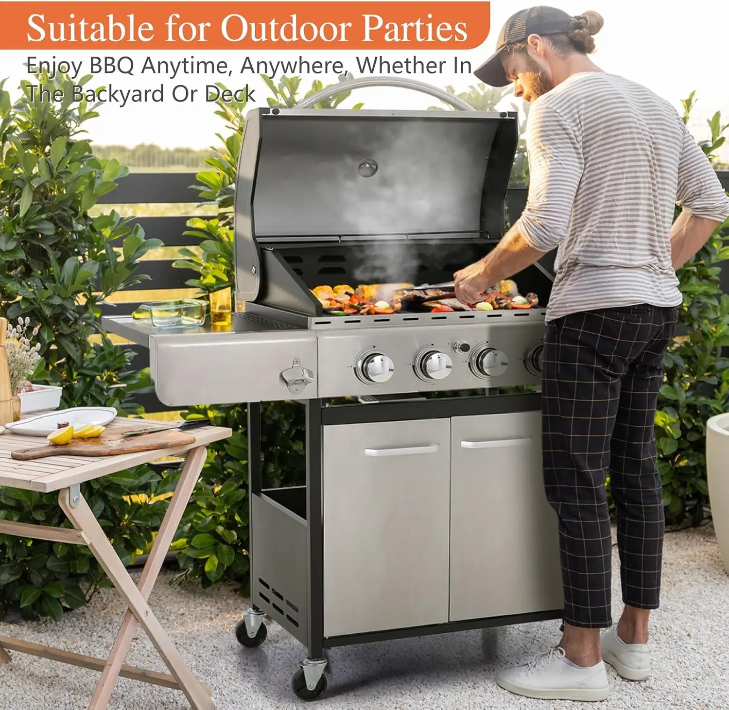 4-Burner Gas BBQ Grill with Side Burner and Porcelain-Enameled Cast Iron Grates 42,000BTU Outdoor Cooking Stainless Steel