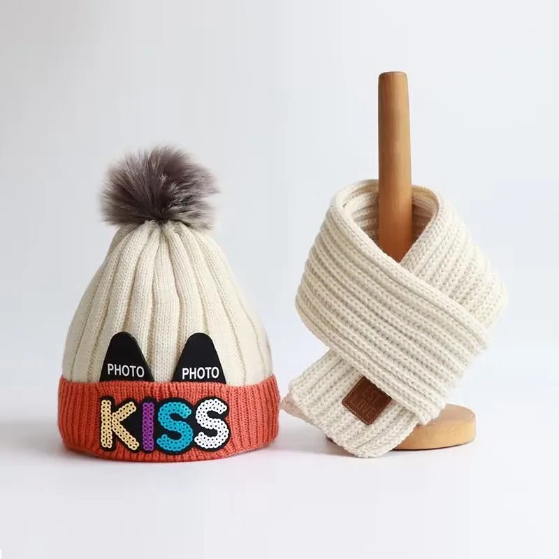 

Baby hat Autumn and winter cute woolen hat scarf set winter warm hats for boys and girls children's hats