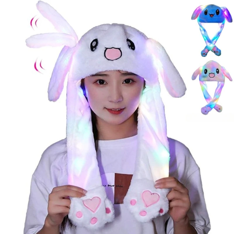 LED Glowing Plush Ear Moving Jumping Rabbit Hat Adults Kids Funny Glowing Ear Moving Bunny Hat Cosplay Party Accessories Hats cosplay hat,plush bunny hats