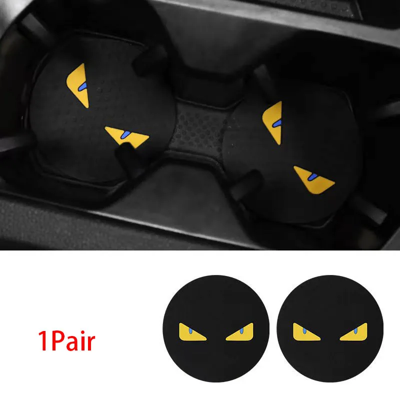 1Pair Car Water Coasters Cartoon Cute Monster Non-slip Insulation Pad Silicone Round Cup Groove Mat Car Interior Accessories