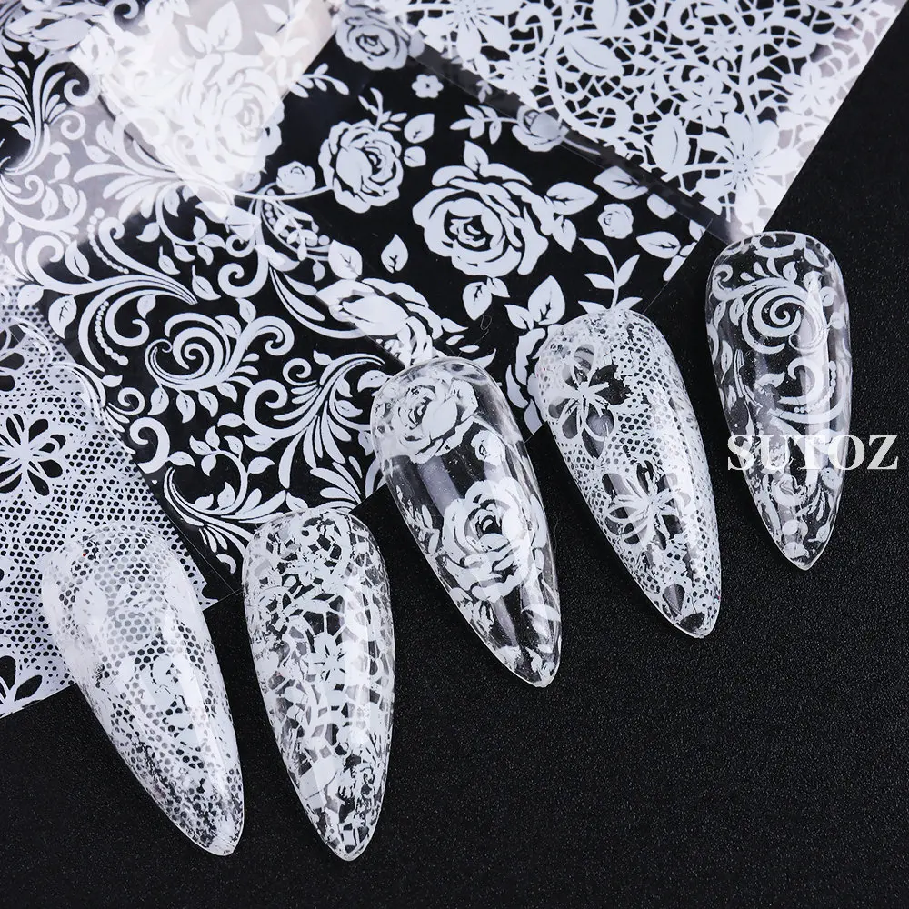 10pcs Black White Lace Nail Stickers Floral Transfer Holographic French Flowers Decals Art Manicure Decoration NLLS-01