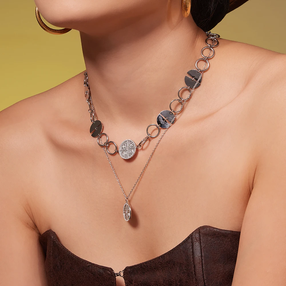 Edelstahl 316, vergoldet, große kreisförmige Kette, Halskette, Halsband für Damen, glänzend, rund, Zirkon, goldenes Armband, Schmuckset – Detail 9