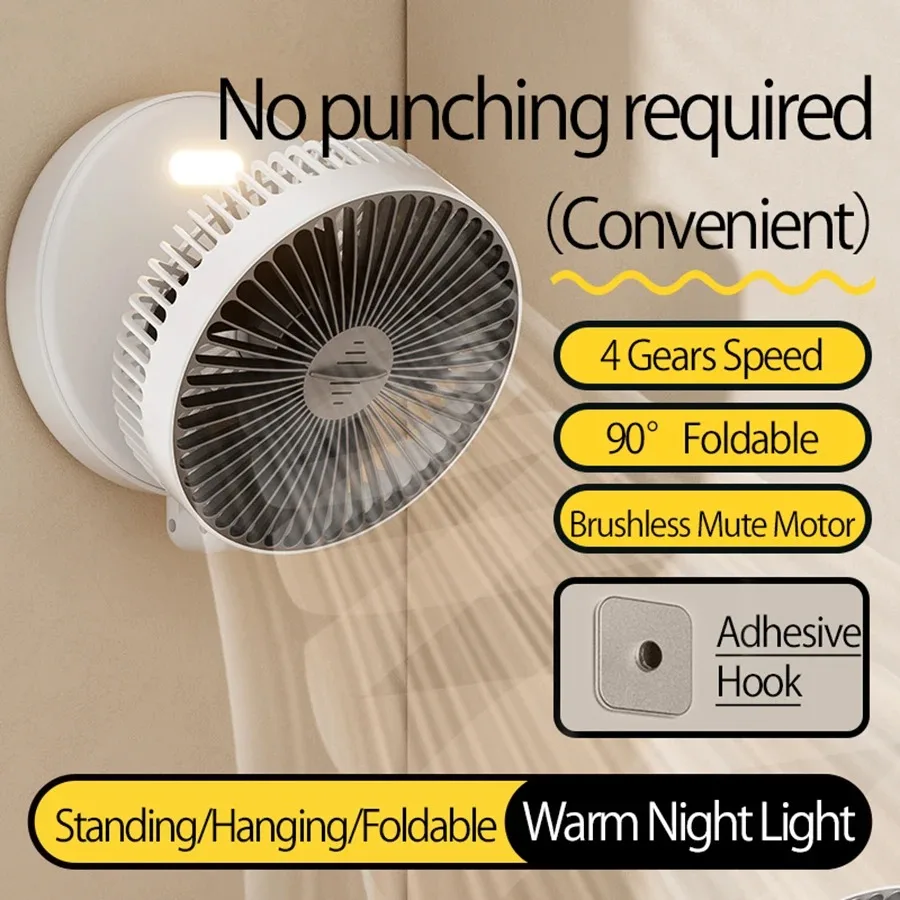 Air Conditioner Fan Rechargeable Table Fan Portable Wall Mounted Fan 90° Folding Fan 4 Gears with Warm Night Light 1