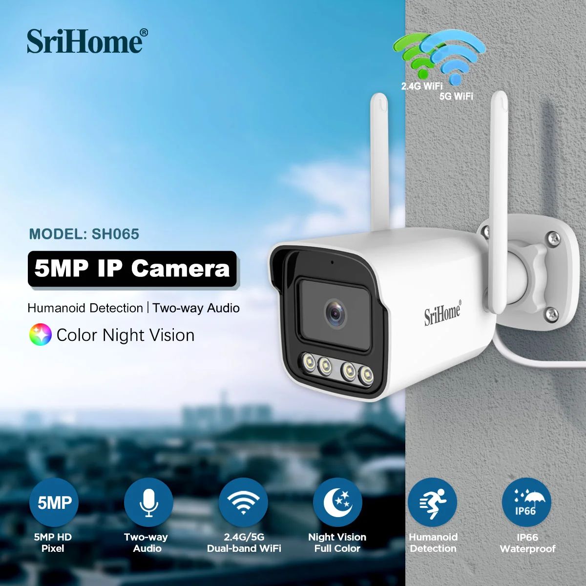 SriHome New Release SH065 5MP Mini 5G Wifi IP Camera Waterproof Video Surveillance Security Outdoor Color Night Vision CCTV Cam 1