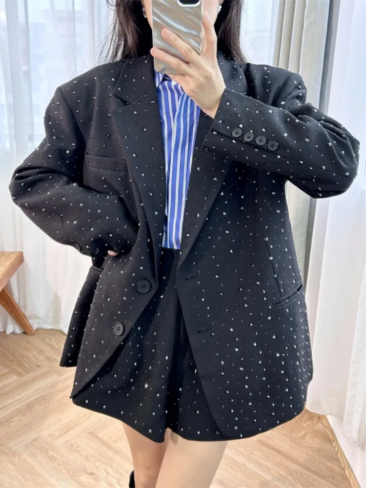 Autumn Designer Women Shiny Diamonds Studded Suit Set Loose Fit Long Blazer Jacket Shorts Party Two Piece Set OL Elegant Suits