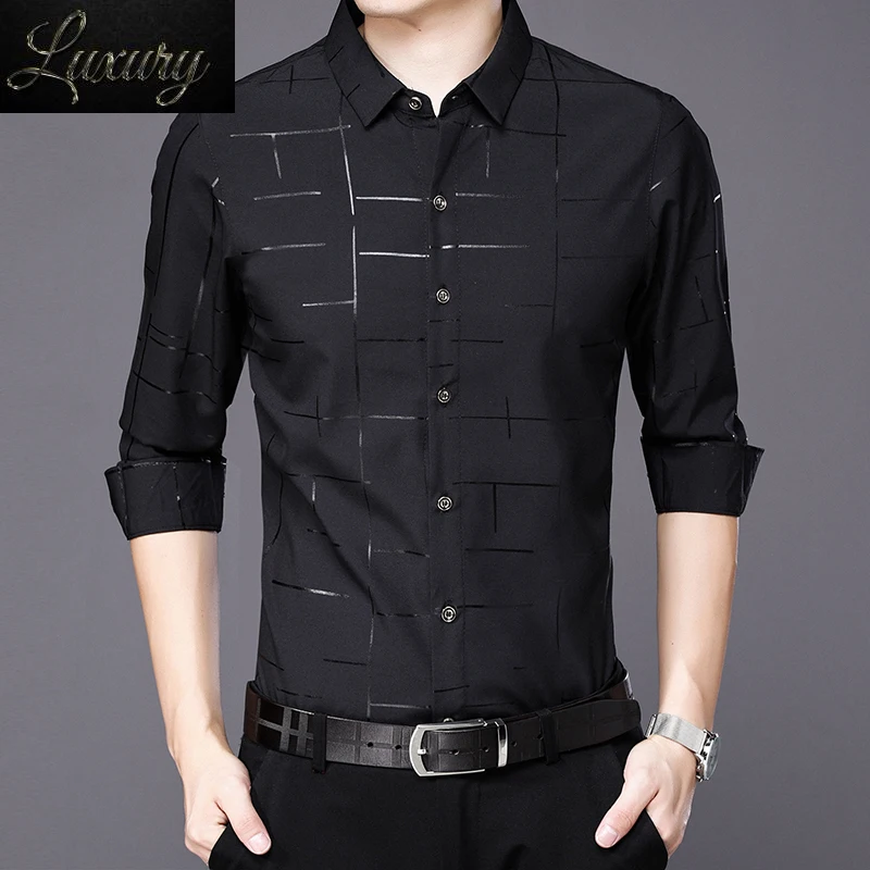 

Formal Shirt Men Classic Business Long Sleeve Solid Color Anti-wrinkle Printed Stripes Slim Male Clothing Top
